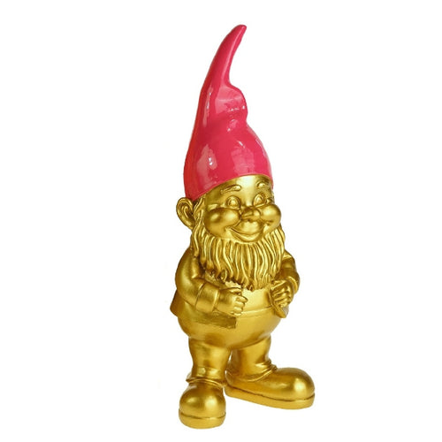 Deko Figur goldener Zwerg mit pinker Mütze.