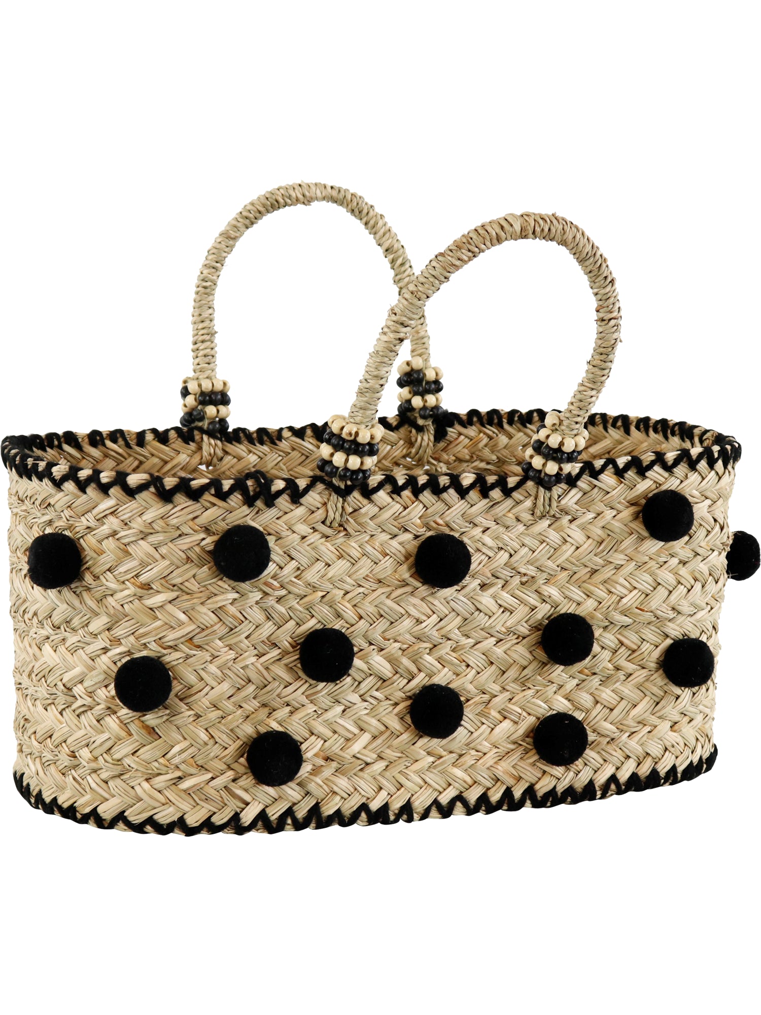 Korbtasche mit schwarzen Pompons – Shoppen Im Kaufrausch