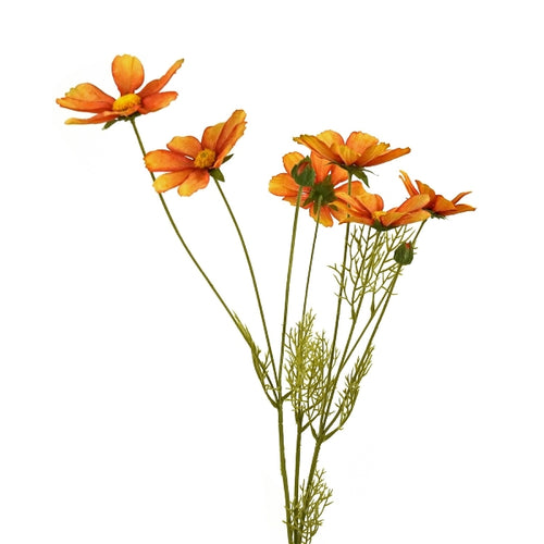 Cosmea Kunstblume mit sechs orangen Blüten und zwei Knospen.
