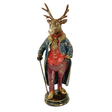 Lade das Bild in den Galerie-Viewer, Deko-Figur von Werns in Form eines Hirschs mit Gehstock in eleganter Kleidung: Blauer Mantel, rote Hose und Weste mit goldenen Details.