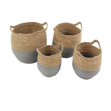 Lade das Bild in den Galerie-Viewer, 4 Flechtkörbe aus Seegras. Die obere Hälfte ist naturfarben, die untere grau.