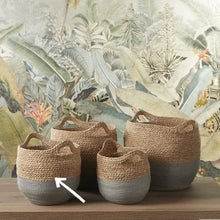 Lade das Bild in den Galerie-Viewer, 4 Flechtkörbe aus Seegras mit Henkeln. Die untere Hälfte der Körbe ist hellgrau abgesetzt, die obere Hälfte natur.Die Köbe stehen vor einer Wand mit Tapete im Urban-Jungle-Design. Hinweispfeil auf den zu verkaufenden Korb in Größe M.