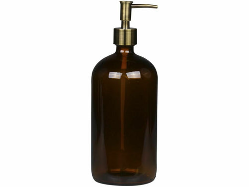 Nachhaltiger Seifenspender von Chic Antique aus braunem Glas für Spülmittel, Seife, Desinfektionsmittel, Shampoo, Haarspülung oder Bodylotion. Mit gold-bzw. messingfarbenem Pumpspender, der auf die Glasflasche geschraubt wird.