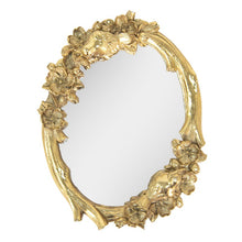 Lade das Bild in den Galerie-Viewer, Ovaler Wandspiegel von Clayre und Eef mit goldenem Rahmen, der mit Blumen, Blüten und Ästen und 2 Vögeln verziert ist verziert ist.