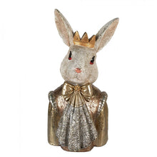 Lade das Bild in den Galerie-Viewer, Große Deko-Büste in Form eines weißen Hasen, der eine Krone und ein goldenes Outfit mit Schluppe trägt.