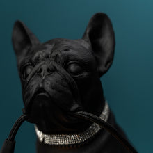 Lade das Bild in den Galerie-Viewer, Detailaufnahme des Kopfes der Werner Voss Leuchte Francis. Francis ist eine schwarze französische Bulldogge als Tischleuchte, die das Kabel in der Schnauze hält und ein silbernes Strasshalsband trägt.