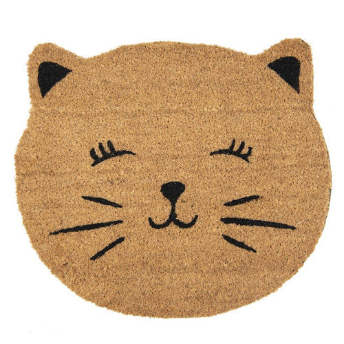 Clayre & Eef Fußmatte aus Kokosfaser in Form eines Katzenkopfs mit freundlichem Katzengesicht.