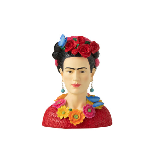 Kleine Deko-Büste im Stil von Frida Kahlo mit bunter Blumenkrone.