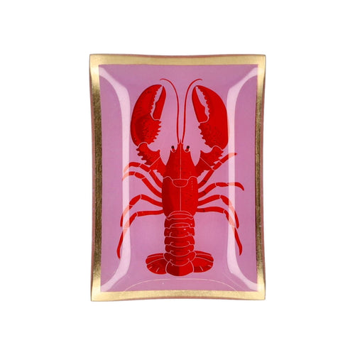 Gift Company Love Plate Dekoteller aus Glas in Rosa mit goldenem Rand und rotem Hummer-Motiv.