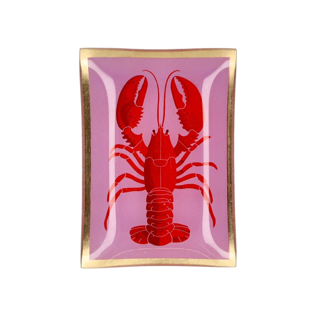 Gift Company Love Plate Dekoteller aus Glas in Rosa mit goldenem Rand und rotem Hummer-Motiv.
