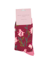 Lade das Bild in den Galerie-Viewer, Ms. Sparrow Socken &quot;Blumen&quot;, bordeauxrot/rosa
