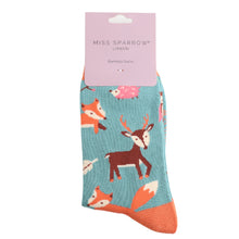 Lade das Bild in den Galerie-Viewer, Ms. Sparrow Socken &quot;Waldtiere&quot;, hellblau/orange
