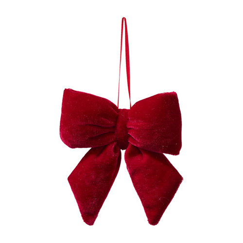 Rote Schelife aus Samtstoff als Anhänger für den Weihnachtsbaum.