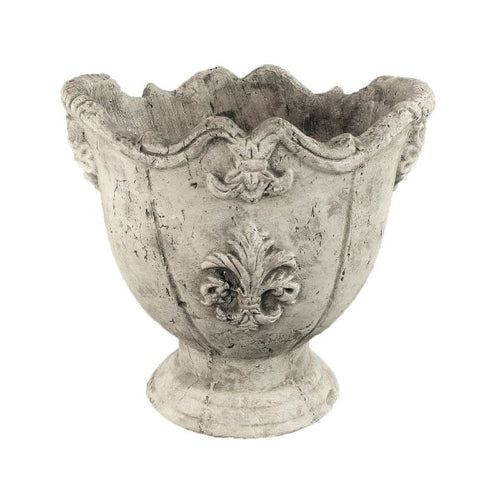 Keramik Terracotta Übertopf im Shabby-Stil mit Fleur De Lys Dekor in grauer Steinoptik.