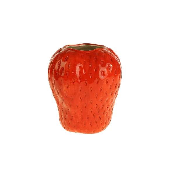 Blumenvase aus Keramik in Form einer roten Erdbeere.