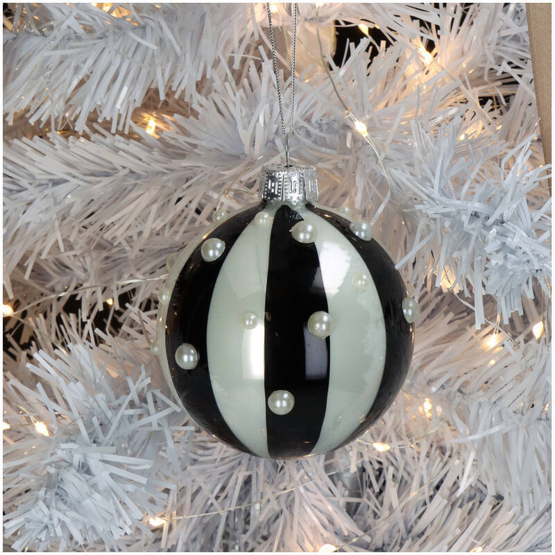 Weihnachtskugel schwarz-weiß gestreift mit Perlen, 8 cm – Shoppen Im Kaufrausch