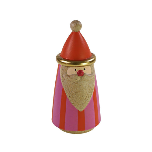 Nikolaus-Figur mit orange-rosa gestreiftem Mantel und oranger Mütze.