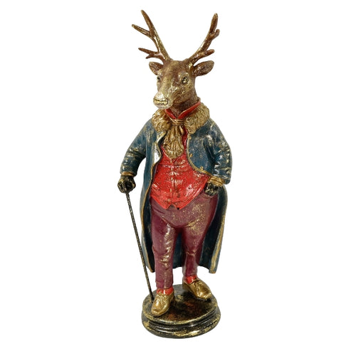 Deko-Figur von Werns in Form eines Hirschs mit Gehstock in eleganter Kleidung: Blauer Mantel, rote Hose und Weste mit goldenen Details.