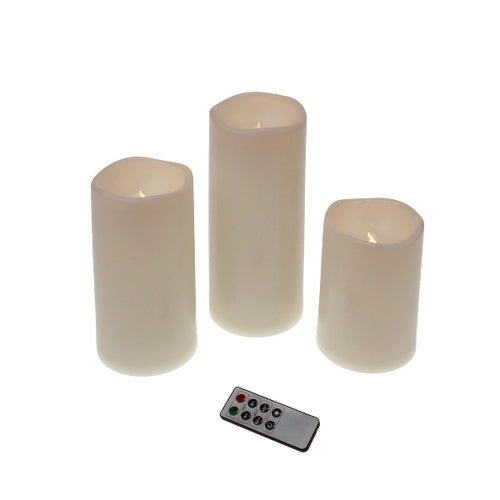 3er-Ser LED-Stumpenkerzen aus weißem Kunststoff mit Fernbedienung.