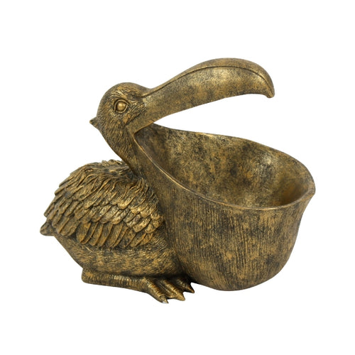Goldene Deko-Schale in Pelikan-Form, der Schnabel ist die Schale.