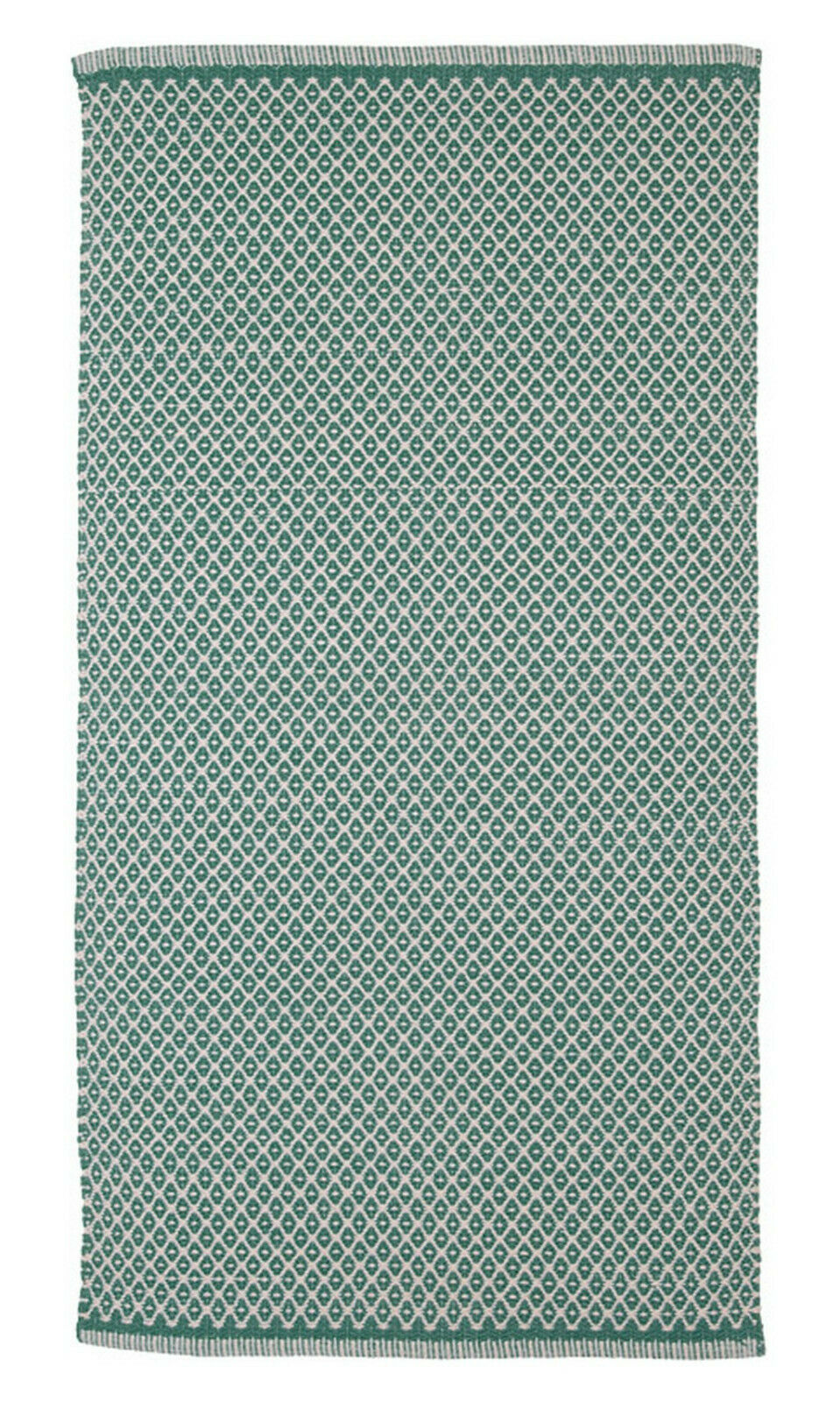 Aspegren Teppich Modell Rhombe in Ocean Green. Die Grundfarbe des Teppich ist Grün, die eingewebten Rauten sind naturfarben.