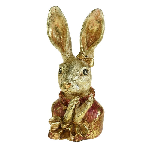 Hasenbüste im nostalgischen Shabby-Look mit leichtem Goldüberzug. Die Hasenfrau trägt ein pinkes Oberteil mit gerüschtem Kragen und eine kleine Schleife am Ohr.