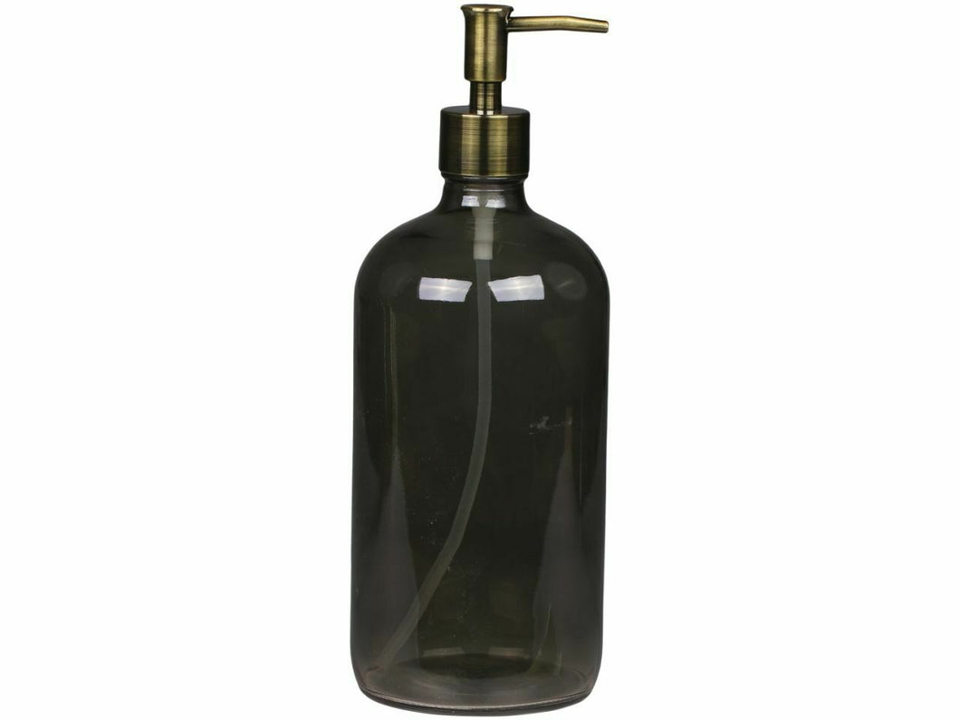 Nachhaltiger Seifenspender von Chic Antique aus grauem Glas für Spülmittel, Seife, Desinfektionsmittel, Shampoo, Haarspülung oder Bodylotion. Mit gold-bzw. messingfarbenem Pumpspender, der auf die Glasflasche geschraubt wird.