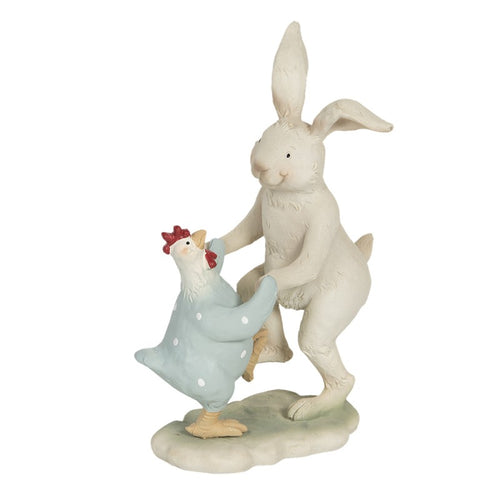 Deko-Figur für Ostern von Clayre und Eef. Hase und Huhn tanzen im Ringelreihen. Der Osterhase ist weiss, das Huhn hellblau.