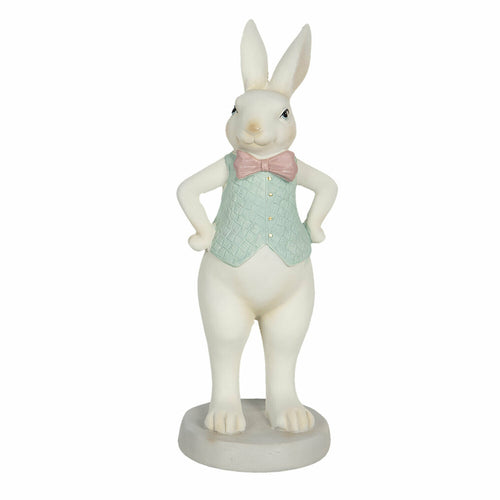 Deko-Osterhase von Clayre und Eef. Die Hasen-Figur ist weiss und trägt eine türkise Weste und eine rosa Schleife um den Hals.