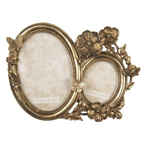 Doppelter Bilderrahmen von Clayre und Eef für 2 ovale Bilder. Der goldene Rahmen ist mit Blumen und Schmetterlingen verziert.