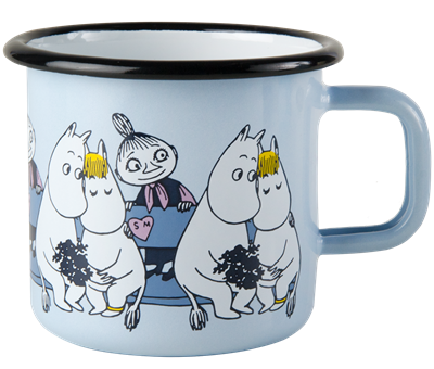 Hellblauer Emaille-Becher mit Motiv von Mumin, dem Snorkfräulein und der Mymla von 