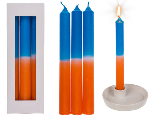 Dip-Dye-Kerzen mit Farbverlauf in blau und orange.
