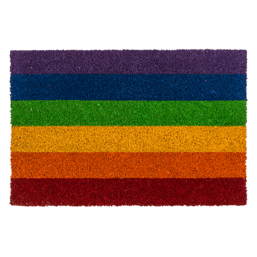 Fußmatte aus Kokosfaser im Pride-Flaggen-Design mit Streifen in Regenbogenfarben.