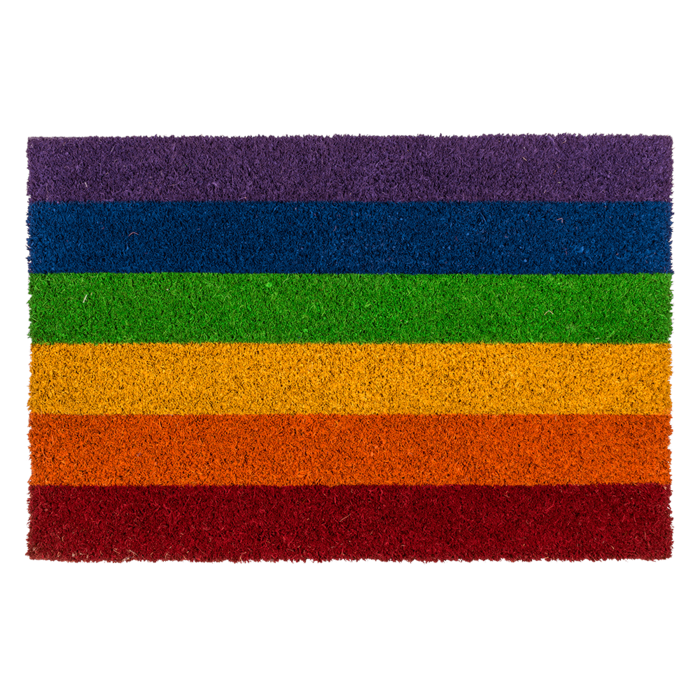 Fußmatte aus Kokosfaser im Pride-Flaggen-Design mit Streifen in Regenbogenfarben.