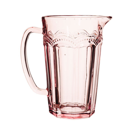 Krug aus rosa-transparentem Glas mit Perlmuster im Vintage-Stil.