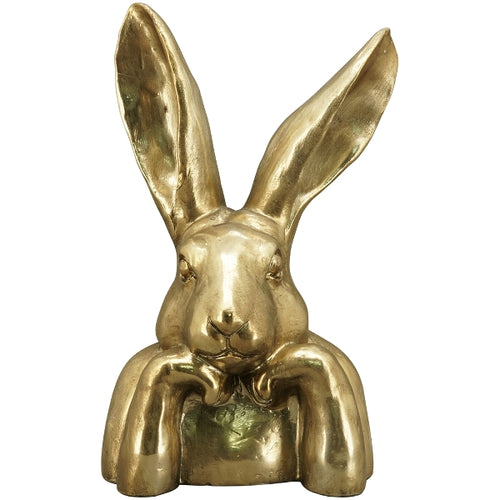 Eine dekorative Hasenbüste für die Oster-Dekoration. Der Hase stützt sich auf seine Vorderpfoten und guckt in die Umgebung. Die goldene Farbe verleiht dem Osterhasen einen edlen Look.