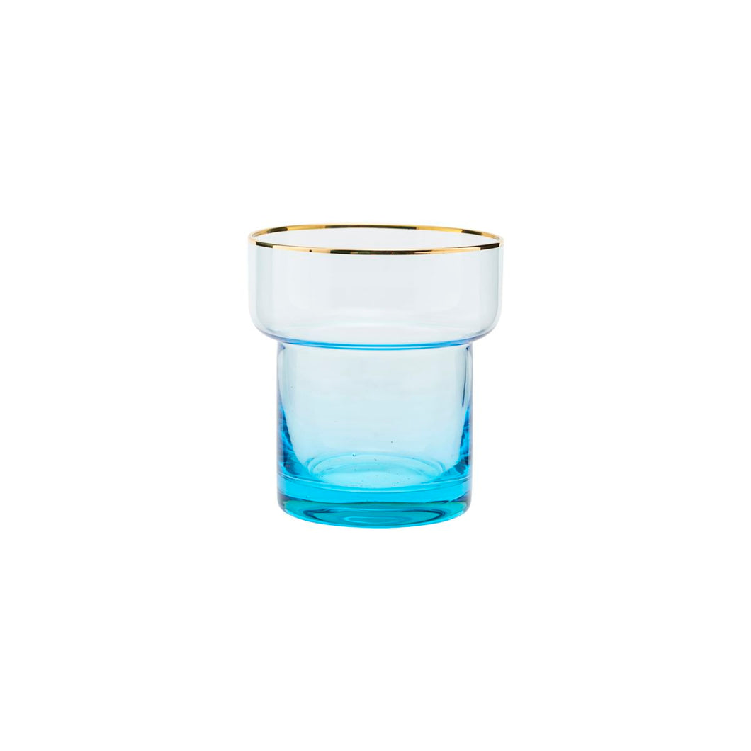 trinkglas indora von house doctor. Das glas hat einen blauen farbverlauf und einen feinen goldenen rand.