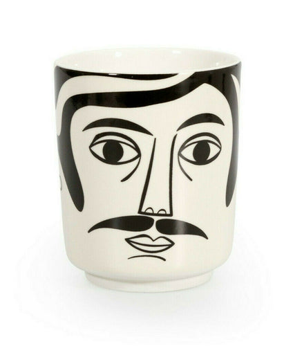 Keramik-Übertopf von Kitsch Kitchen, weiß mit schwarzem Gesicht-Print von einem Mann mit Schnurrbart.