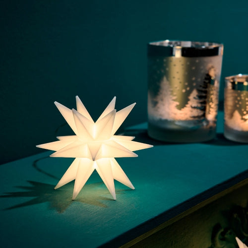 LED-Stern aus weißem Kunststoff mit 20 Zacken für die Weihnachtsbeleuchtung Innen oder Außen.