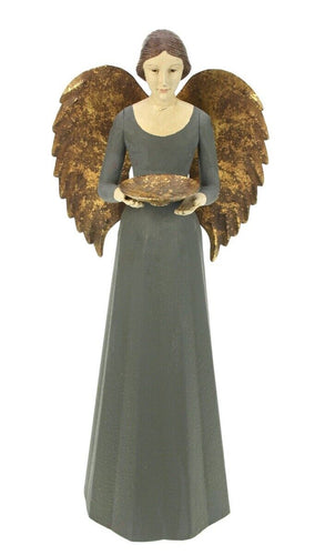Engel von Meander mit goldener Schale, goldenen Flügeln und einem dunkelgrauen Kleid. Auf der Schale kann eine Kerze platziert werden.