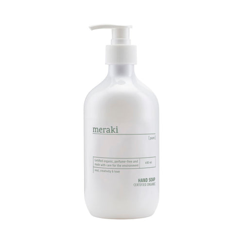 Parfumfreie Meraki Seife Pure. Die Handseife kommt in einem klassischen Pumpspender in weiss.