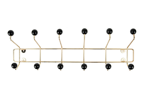Garderobe aus goldenem Metall mit 12 Haken, die je eine schwarze Kugel am Ende haben. Die Wandgarderobe ist dem Stil der Designklassiker der 60er Jahre nachempfunden.