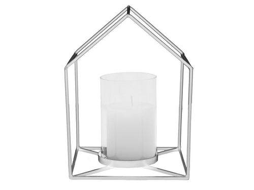 Windlicht  in Haus-Form. Der Kerzenhalter ist silber und hat einen Glaseinsatz in der Mitte, in  den ein Teelicht oder eine kleine Votiv- oder Stumpenkerze gestellt werden kann.