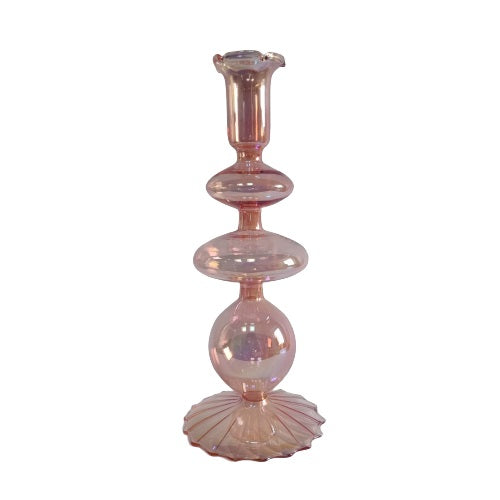 Kerzenhalter aus transparentem Glas im modernen Bubble-Design in der Farbe apricot mit irisierendem Schimmer.