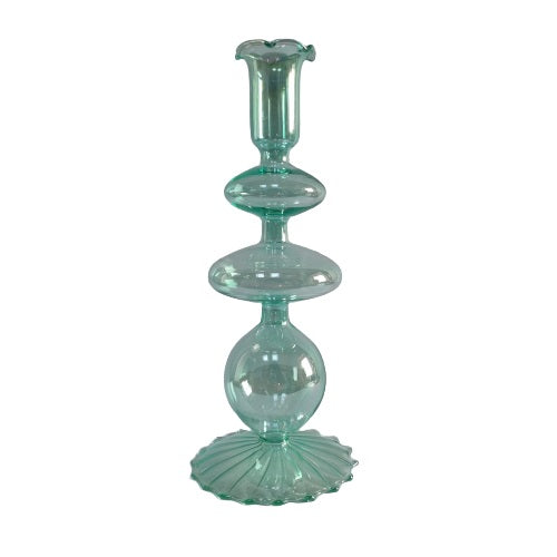 Kerzenleuchter aus transparentem Glas in grün-türkis mit irisierendem Schimmer. Die Form hat das moderne Bubble-Design.