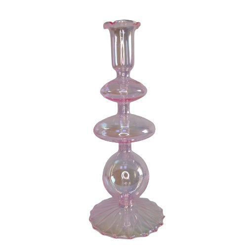 Kerzenleuchter aus rosa-transparentem Glas im Bubble-Design mit irisierendem Farbüberzug.
