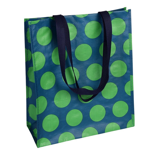Mehrweg-Einkaufstasche von Rex London aus recycletem Kunststoff. Die Tasche ist blau mit grünen Punkten und hat Nylongriffe.