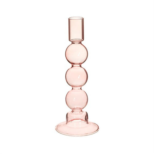 Kerzenhalter im Bubble-Design aus transparentem rosa Glas von Sass & Belle. Der Kerzenleuchter besteht aus 3 gläsernen Kugeln, die übereinander liegen.