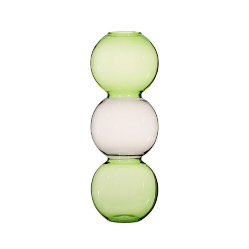 Vase von Sass & Belle im Bubble-Design aus buntem Glas. Die Vase hat die Form von 3 übereinandergesetzten Kugeln, die obere und untere sind aus grün-transparentem Glas, die mittlere aus grauem Glas.