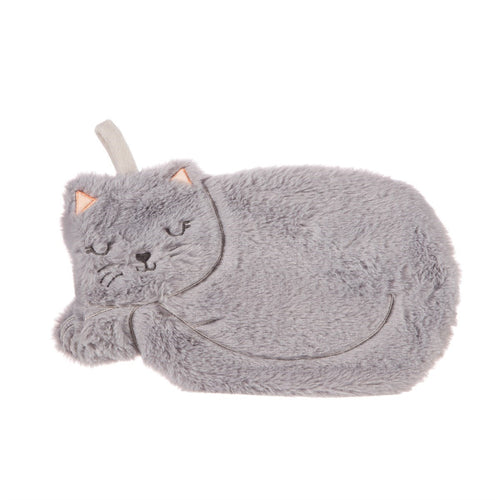 Sass & Belle Wärmflasche mit Plüschbezug in Form einer schlafenden grauen Katze.